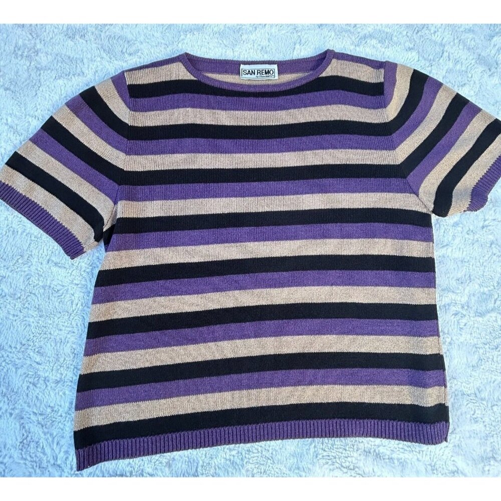 Vintage San Remo by Laura Knits Sweater Crew Neck Short Sleeve Striped Pullover